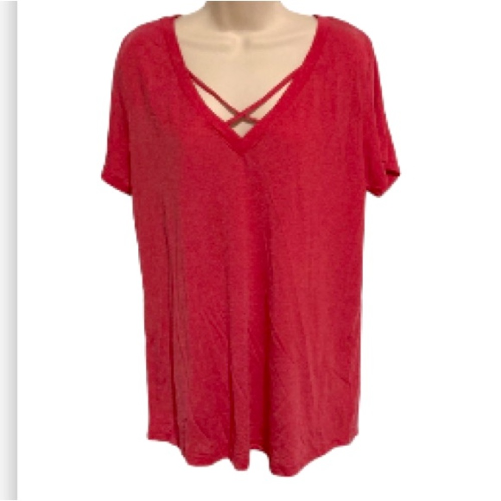 CRISS CROSS V neck Red T shirt Blouse Womens Medium